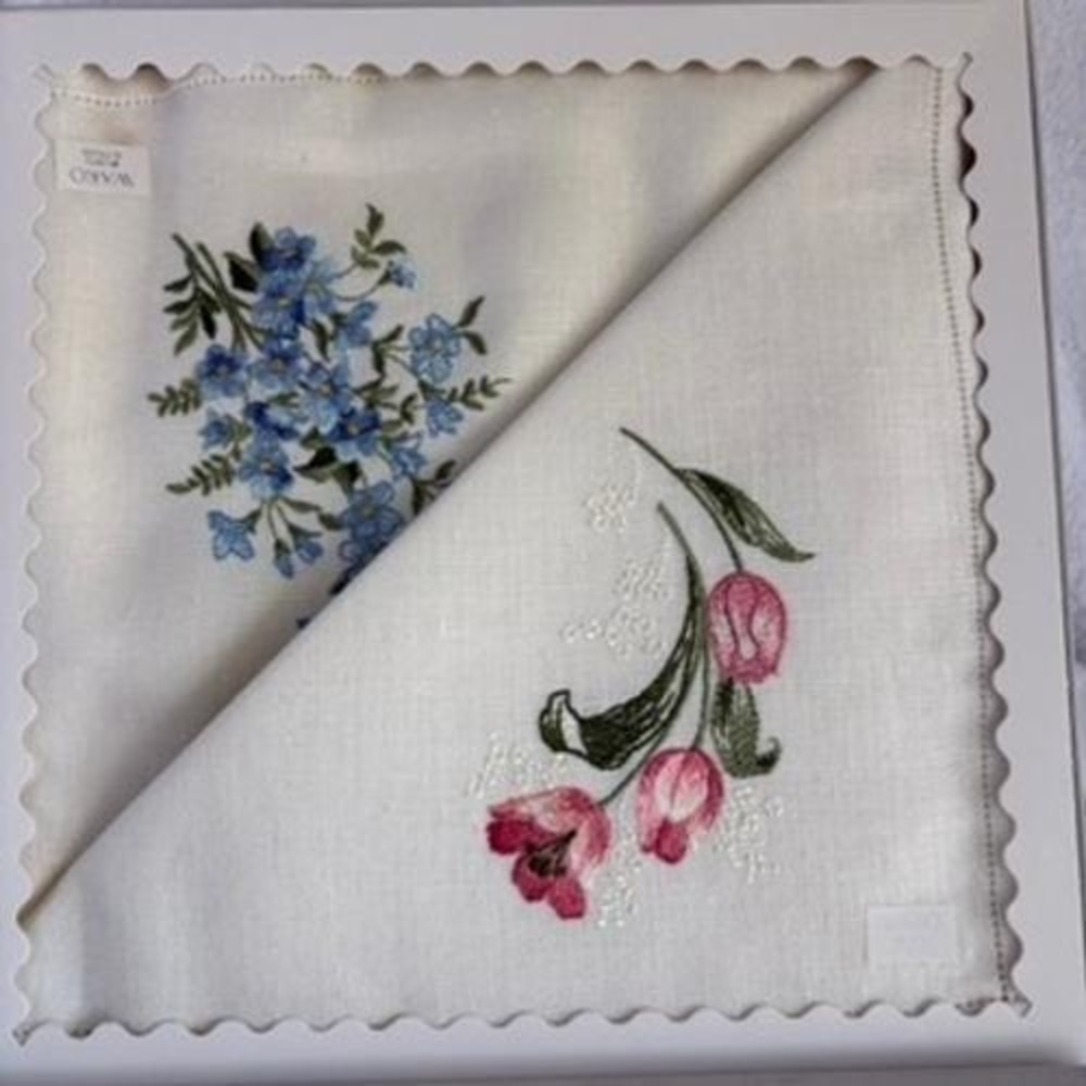 Wako Scarf Handkerchief Embroidered Floral Linen White Hemstitched Japan